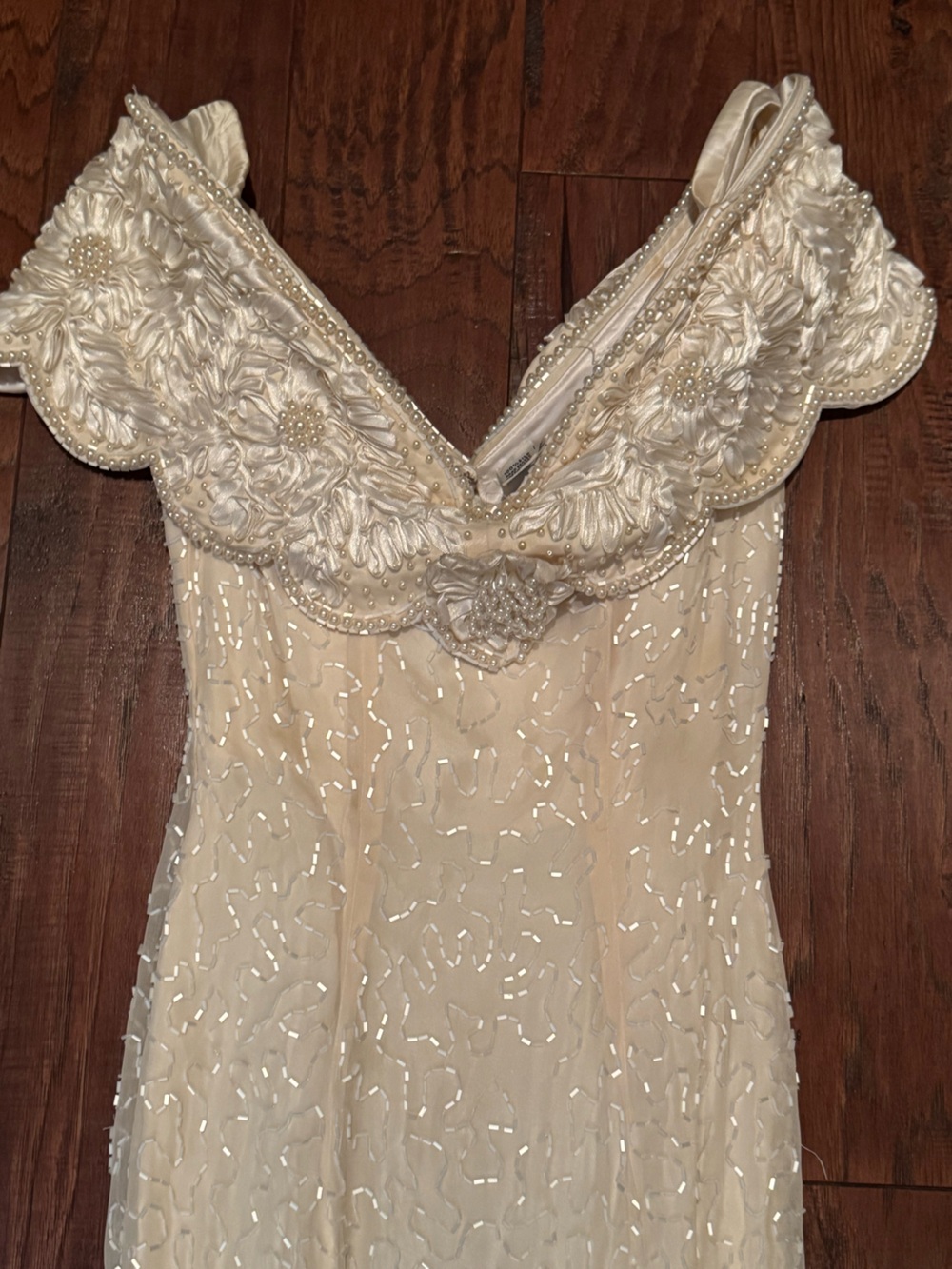 Vtg Ivory Beaded Off-Shoulder Evening Dress